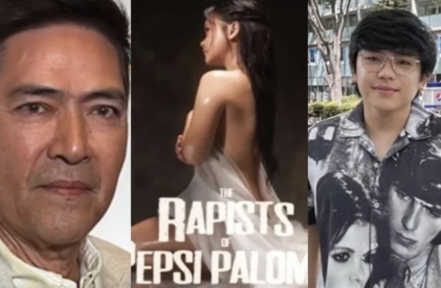 Photo of Vic Sotto (left) and Darryl Yap (right) and the controversial teaser poster for the Pepsi Paloma movie