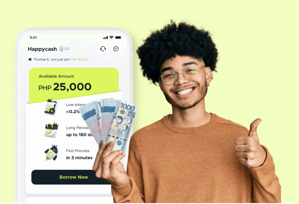 A man does the thumbs up sign after using lending services from HappyCash