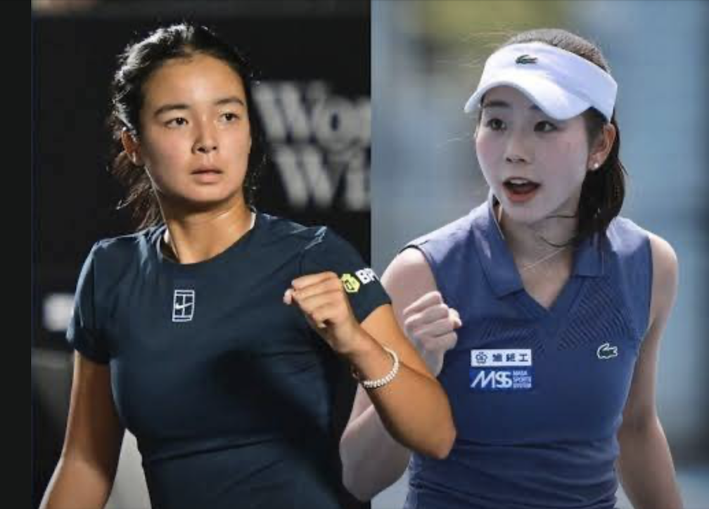 Filipina tennis champion Alex Eala (left, with closed fist) prepares for her match up with Mei Yamaguchi of Japan