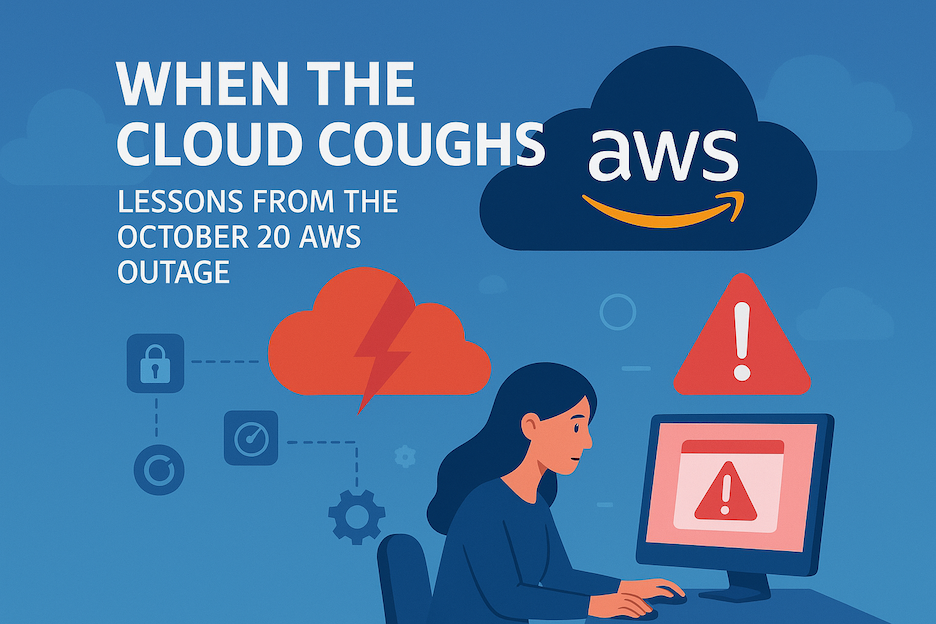 Cartoon showing a girl working on her laptop and AWS logo to illustrate what happens when the cloud coughs