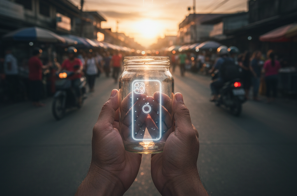 Hands holding a glass jar in the middle of a busy street at sunset, with a glowing outline of an iPhone floating inside the jar.