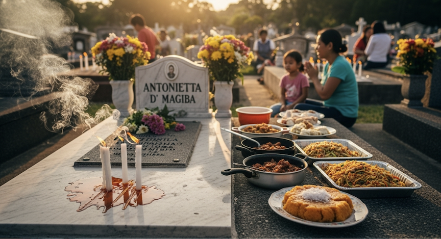 People eating beside a tomb, a Filipino tradition that makes every Undas (All Saints' Day) family gathering a feast of remembrance
