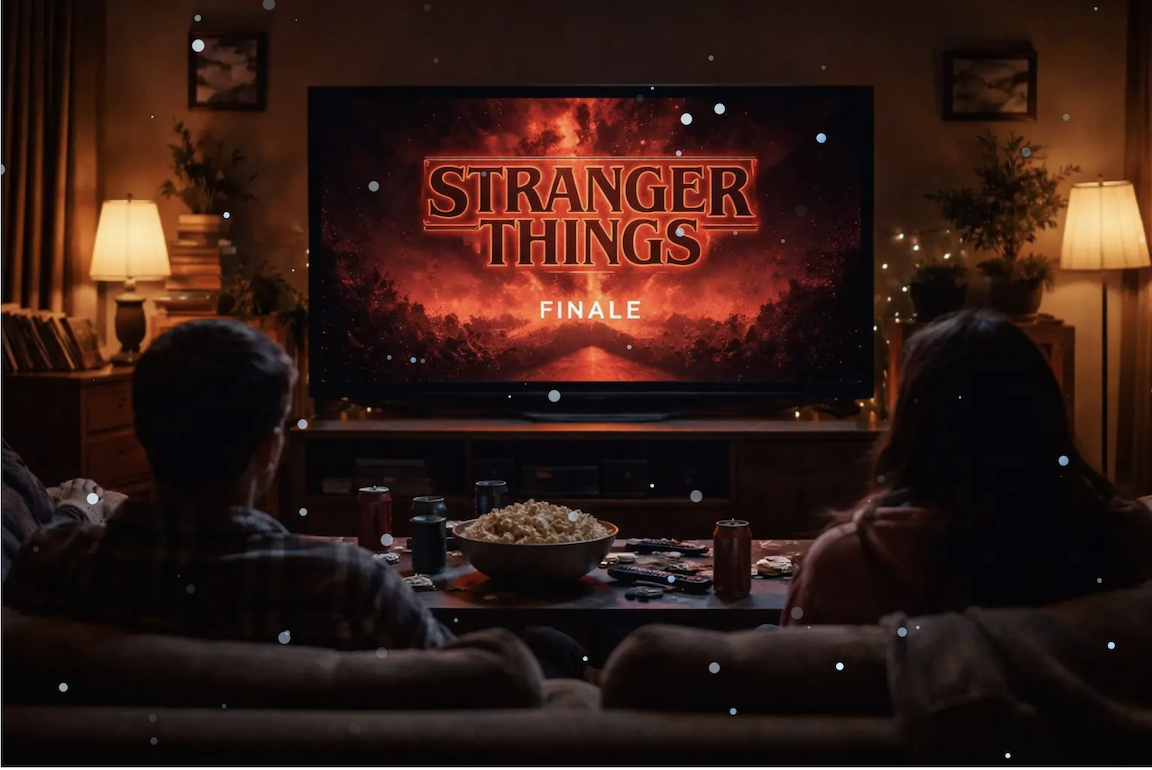 A family viewing the season finale of "Stranger Things" on their TV screen