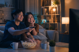 A young Filipino couple relaxing on a couch at home while watching a streaming show on television at night, with snacks and drinks on the table, cozy ambient lighting, and a modern living room atmosphere that reflects affordable home entertainment and digital streaming culture.