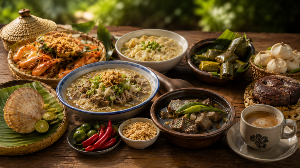 A spread of Ilonggo-inspired dishes on a rustic wooden table, including noodle soup, dumpling soup, seafood, meat stew, leaf-wrapped delicacies, native pastries, and coffee.