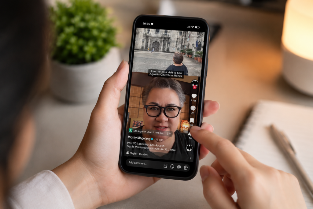 Person scrolling through a smartphone displaying a TikTok video of Mighty Magulang about Philippine history and San Agustin Church, illustrating how educational creators use short-form content to make learning engaging and accessible.